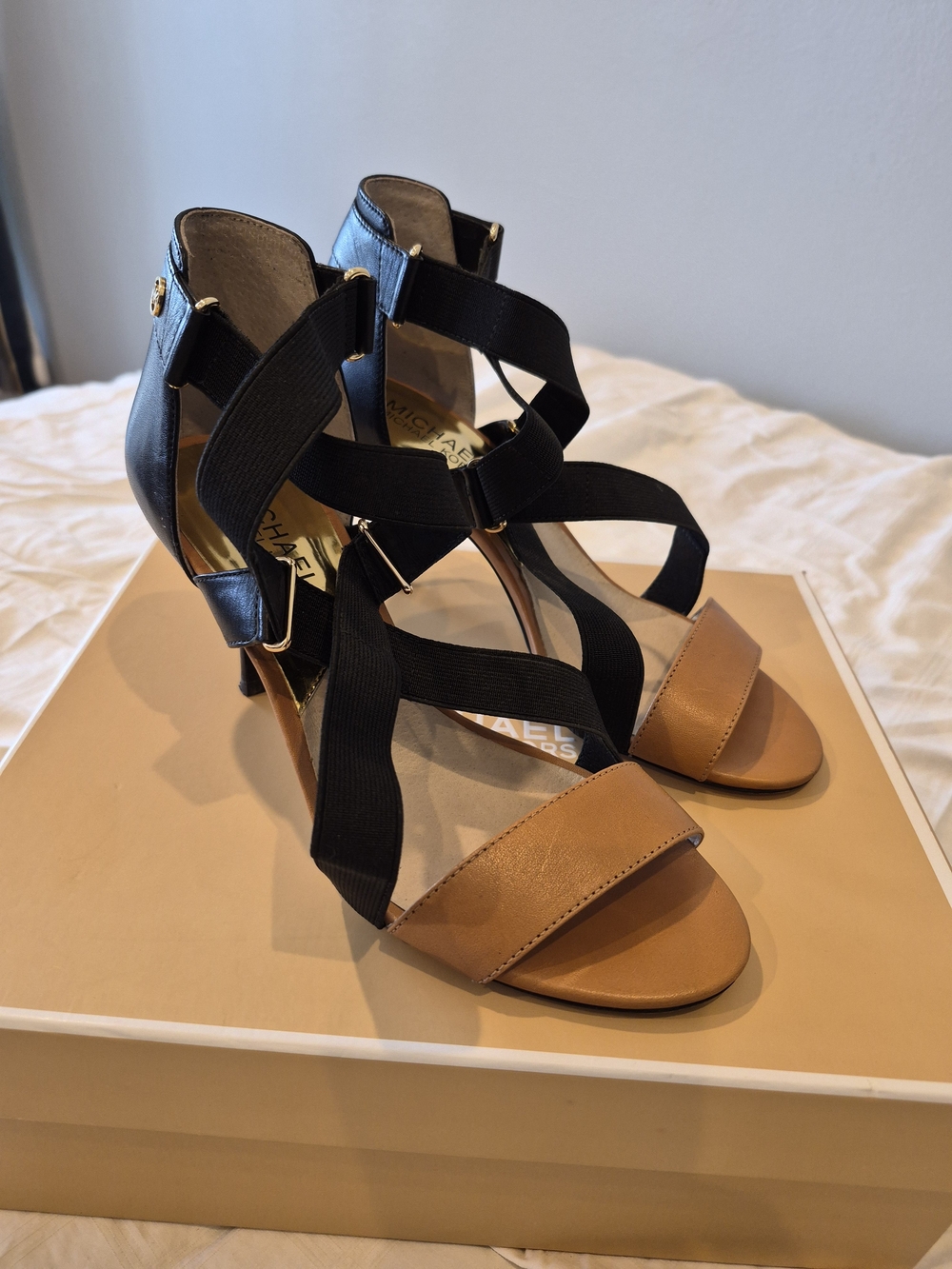 Michael Kors Tan and Black Strappy Sandal Heels